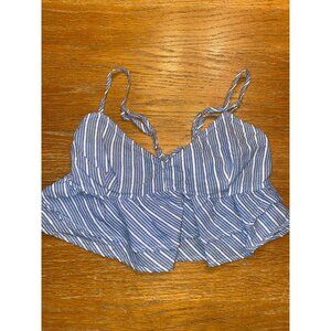 Blue & White Striped Ruffled Crop Top With Tie Back